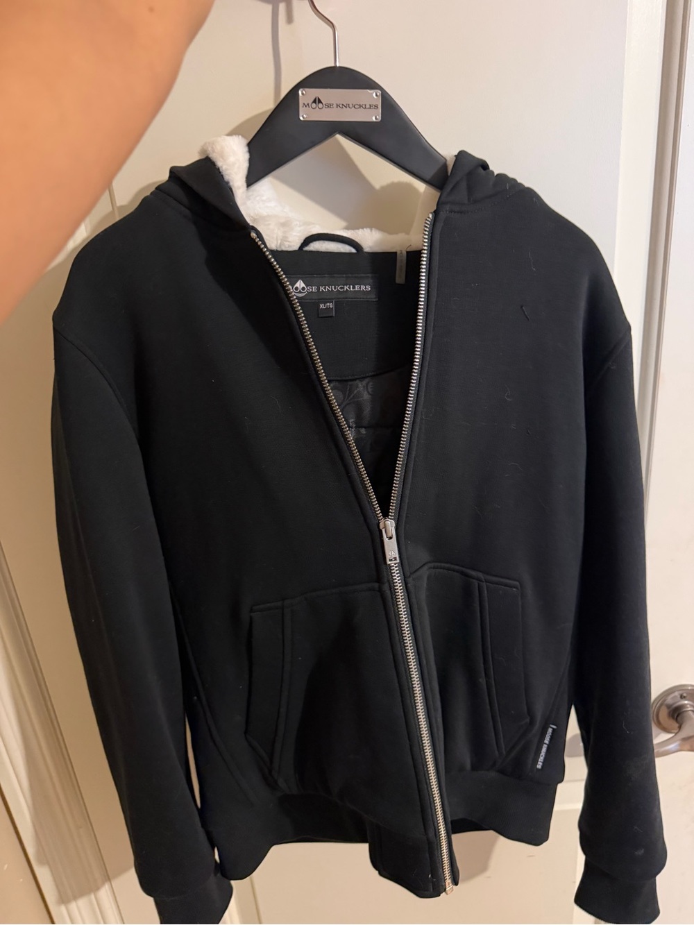 Moose Knuckles Kids Black Zip-Up Hoodie with White Sherpa Lining